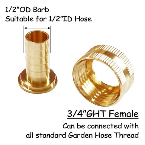 2 Pack Solid Brass Hose End Connector Kit One Half Inch Barb To Three Quarters Inch GHT Female Splicer Repair Fittings