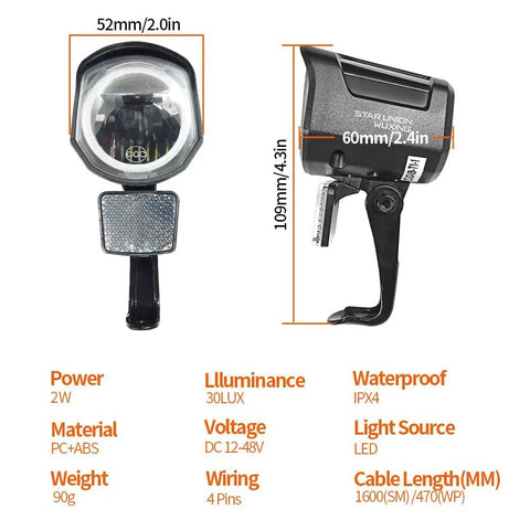 High Brightness LED Front Headlight For Night Riding On 12V To 60V E Bikes And Electric Scooters 2 Pin Connector 470Mm Wire Waterproof QD252 Plug Built For Safe Night Rides On City Streets And Rugged Trails