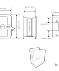 Technical drawing of Solid Brass Pocket Door Pull With Privacy Lock Matte Black Three And A Quarter Inches By Two And A Quarter Inches Two Pack Adjustable For Door Thickness One And Three Eighths To One And A Half Inches Reversible For Left Or Right Handed Doors with dimensions