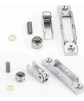 Heavy Duty Zinc Alloy Sliding Door Pulleys With Double Wheel Track Rollers Adjustable Angle Design hardware parts, shiny zinc material, various sizes.
