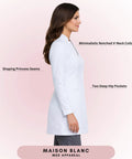 Side view of Womens Slim Fit Premium Lab Coat For Real Shifts With Tailored Princess Seams Contouring Darts Notched V Neck 33 Inch Length Back Vent Three Pockets OEKO-TEX Certified Fabric Size Large