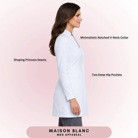 Side view of Womens Slim Fit Premium Lab Coat For Real Shifts With Tailored Princess Seams Contouring Darts Notched V Neck 33 Inch Length Back Vent Three Pockets OEKO-TEX Certified Fabric Size Large