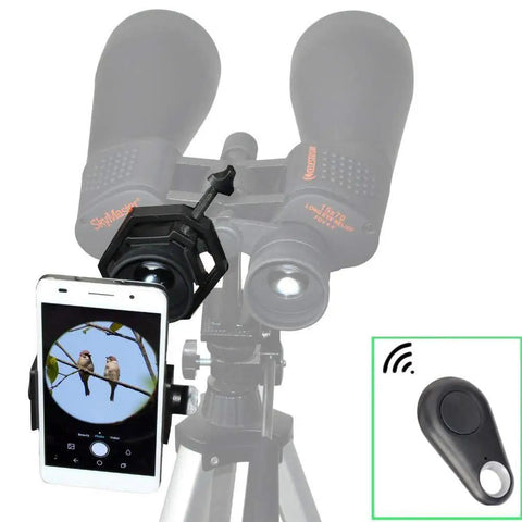 Turn Your Smartphone Into A Video Camera And Image Capture Rig For Binoculars, Telescopes, Spotting Scopes, Monoculars, And Microscopes With An Aluminum Mount, Periscope Adapter, And Remote, Case Friendly Up To 90mm Wide shown attached to binoculars