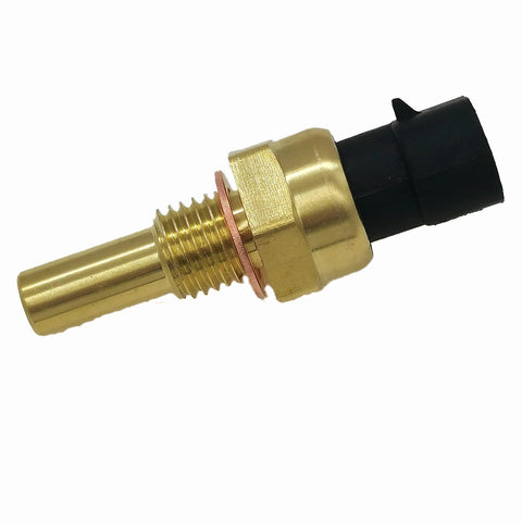 Close-up of brass engine coolant temperature sensor with threaded probe and black plastic connector
