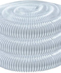 Clear heavy duty PVC hose bundle for Hella Solid Two Horsepower Dust Collector, flexible tubing coiled design, workshop use.