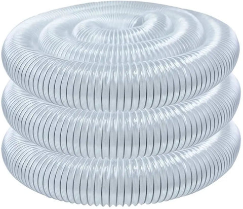 Clear heavy duty PVC hose bundle for Hella Solid Two Horsepower Dust Collector, flexible tubing coiled design, workshop use.