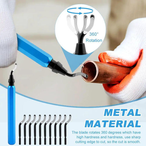 Deburring Tool Kit For DIY Projects With 6 Needle Files And 10 Blades shown in use on a metal pipe for smooth edges