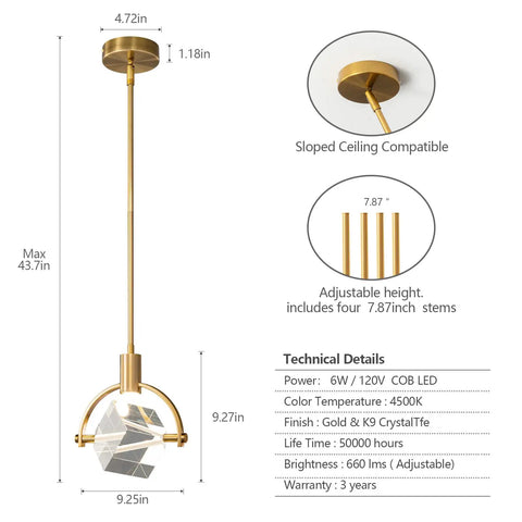 Dope Pendant Ceiling Light For Kitchen Island With Integrated LED Crystal Pendant In Gold Brushed Brass, adjustable stem details