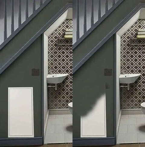 Beefy Metal Access Panel 14 By 29 Inch With Spring Lock No Key Needed installed in hallway wall near bathroom.