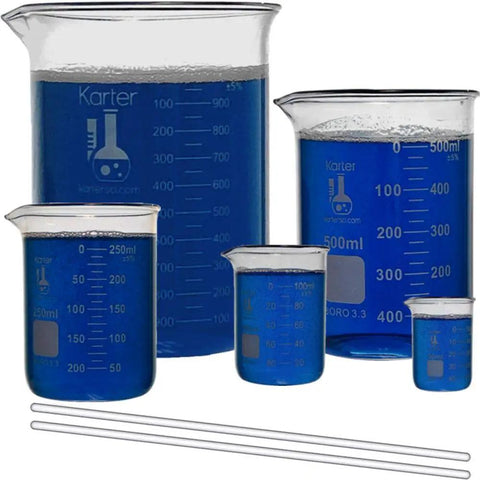 Low Form Glass Beaker Set With Two 250mm x 6mm Stirring Rods Includes 50 100 250 500 And 1000 Milliliters Beakers In 3.3 Borosilicate Glass