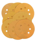 Premium 5 Inch Dry Sanding Discs With Hook Loop System Featuring Durable Aluminum Oxide Abrasive Paper For Smooth Woodwork and Metal Finishing Jobs Including Rotary Tool Use With Eight Holes For Amazing Dust Extraction Efficiency And Easy Attachment shown in a stack of yellow discs.