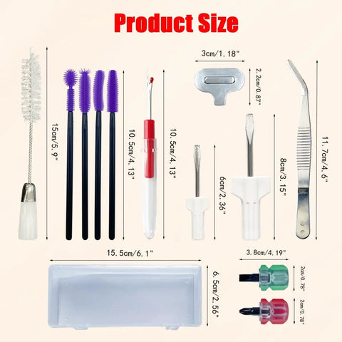 All In One Sewing Machine Cleaning Kit With Tweezers Double Headed Brush Tons Of Screwdrivers Seam Rippers Silicone Brushes And Storage Box for fast easy home maintenance.
