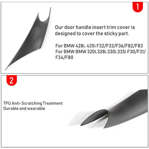 Close-up of black Door Handle Covers For BMW 3 Series And 4 Series Set Easy Install with anti-scratch treatment, showing design to cover sticky area.