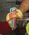 Long Ball End Hex Key Wrench Set With SAE And Metric held by gloved hand, colorful powder coat, easy size ID
