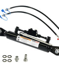 Side view of Kingway hydraulic top link Cat. 1-1 with locking block; black cylinder, dual hoses and fittings