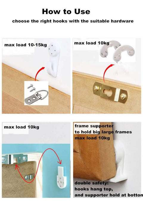 How to use Top Tier Wall Mounting Kit Includes 106 Heavy Duty Picture Hooks Support Up To 20 Pounds On Drywall.