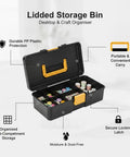 Straight Up Small Parts Organizer Bin With Stay Put Hinged Lid For Desk And Workspace showing durable plastic, multi-compartment design.