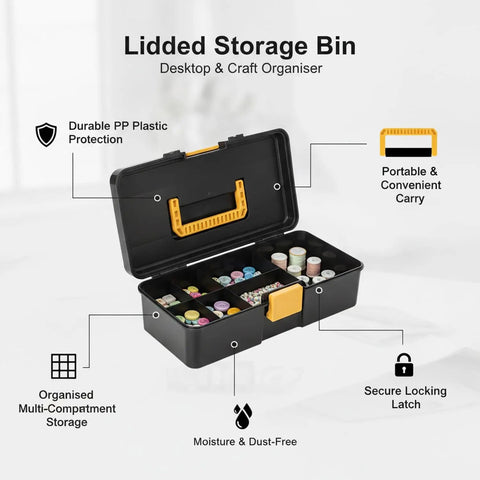 Straight Up Small Parts Organizer Bin With Stay Put Hinged Lid For Desk And Workspace showing durable plastic, multi-compartment design.