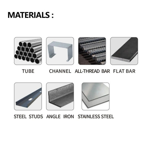 Image showing various metal shapes including tube, channel, all-thread bar, flat bar, steel studs, angle iron, stainless steel.