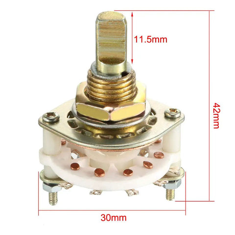 Band Selector Rotary Switch, 2 Pole 4 Position, 10 Pin, Single Deck, 9mm Mount Hole, 6mm Shaft, 11.5mm Shaft Length
