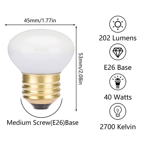 4 Pack R14 Mini Reflector Light Bulbs 40W 120V Dimmable E26 Base Frosted Spotlight Lamps dimensions and specs