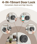 Legit Smart Fingerprint Door Lock With Keypad And Wireless App Control For Next Level Home Safety Holds Two Hundred Personal Codes One Hundred Fingerprints And Backup Keys image illustrating key, app, fingerprint, and password access options.