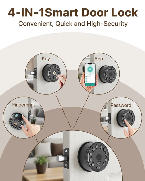 Legit Smart Fingerprint Door Lock With Keypad And Wireless App Control For Next Level Home Safety Holds Two Hundred Personal Codes One Hundred Fingerprints And Backup Keys image illustrating key, app, fingerprint, and password access options.