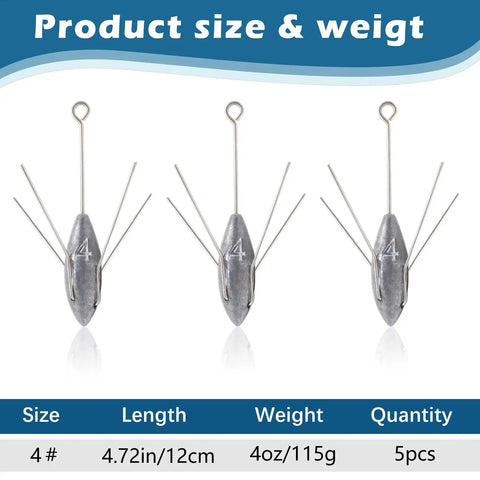 3 pieces of 4 Oz Lead Sinker Set, 5 Pcs Long Tail Fishing Weights for Surf Casting and Catfish, Saltwater Beach Ocean Fishing Gear