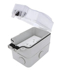 Real Deal Weatherproof Electrical Box Paired With A Beefy 20A Duplex Outlet NEMA 5 20R Surface Mount kit with a clear lid.