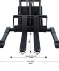 This Semi Electric Pallet Stacker Is A Total Badass For Your Warehouse. Forks shown with adjustable widths for versatile use.