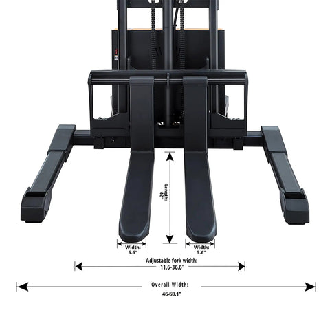 This Semi Electric Pallet Stacker Is A Total Badass For Your Warehouse. Forks shown with adjustable widths for versatile use.