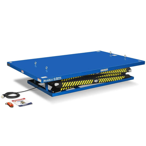 Heavy Duty Wireless Remote Electric Scissor Lift Table With 2200 Lb Capacity, Massive 86 Inch Platform, And Smooth Hydraulic Action For Serious Warehouse Jobs Or Heavy Machine Maintenance Tasks, blue platform, hydraulic system.