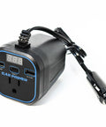 Road Trip Ready 200W Car Power Inverter Swaps 12V To 110V AC Outlet Featuring Dual USB Charging Ports Plus Type C Connector Heavy Duty Cup Holder Tray Black Coating For Laptops Phones Tablets, showing front view with ports.