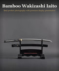 Wakizashi Iaito For Iaido Training, Unsharpened Stainless Steel Sword With 21 Inch Fuller Blade on display stand