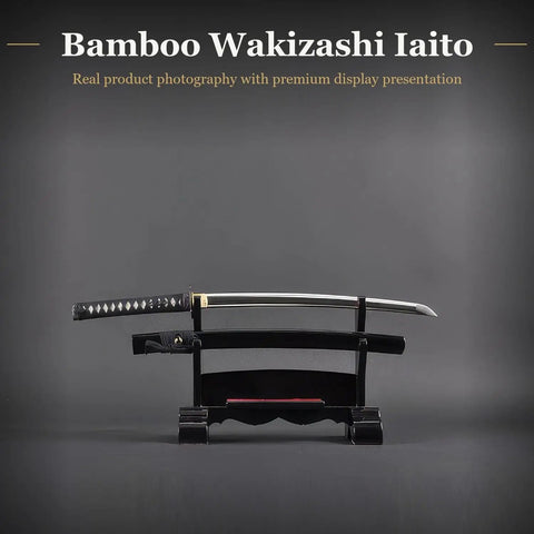 Wakizashi Iaito For Iaido Training, Unsharpened Stainless Steel Sword With 21 Inch Fuller Blade on display stand