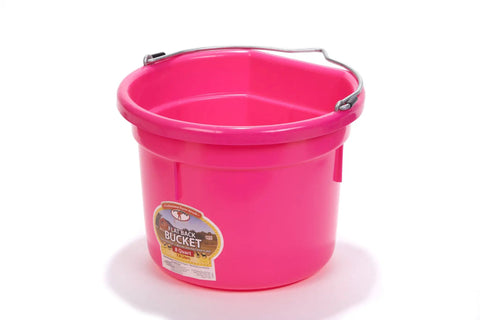 Flat Back Plastic Horse Feed Bucket With Metal Handle For Easy Hanging In Stall, 8 Quart Capacity, Durable Polyethylene, Hot Pink Color