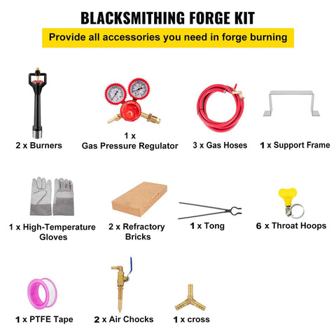 Blacksmithing Forge Kit with components including burners, gas regulator, hoses, support frame, gloves, bricks, and tools.