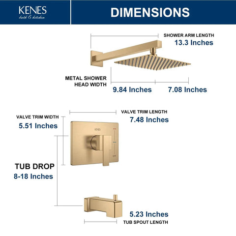 KENES Champagne Bronze Shower Set with Tub Faucet, Square Tub Shower Trim dimensions diagram showing sizes of components.