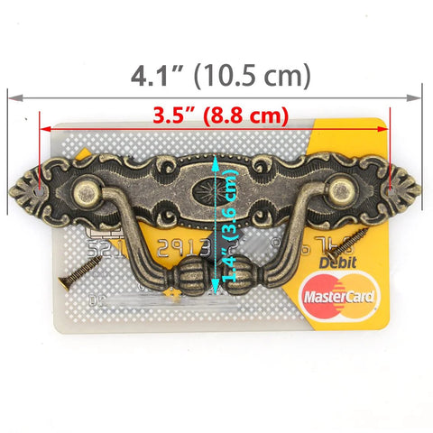 Six Pack Vintage Antique Brass Bail Pulls for drawers cabinets dressers with dimensions overlaid on a credit card for size reference.