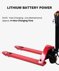 Heavy Duty 4,400 Lb Capacity Electric Pallet Truck With Lithium Ion Battery Walk Behind Pallet Jack angle showing red forks and charging details.