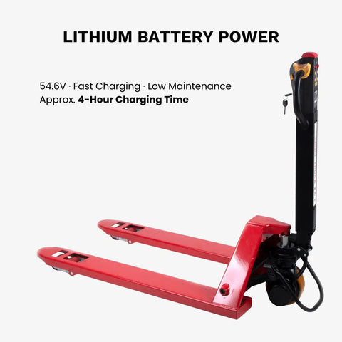 Heavy Duty 4,400 Lb Capacity Electric Pallet Truck With Lithium Ion Battery Walk Behind Pallet Jack angle showing red forks and charging details.