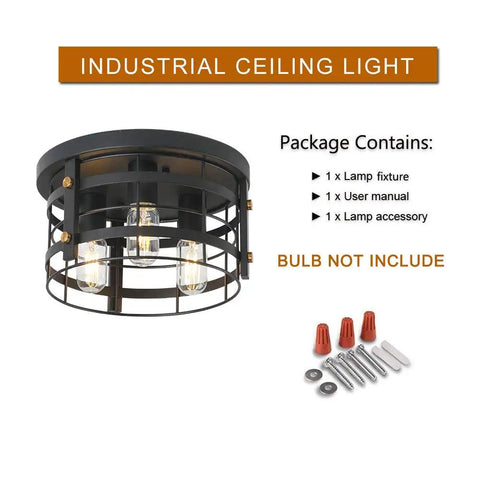 Industrial 3 Light Rustic Semi Flush Mount Ceiling Light With Metal Cage Seed Glass Shade Black Farmhouse Chandelier packaging