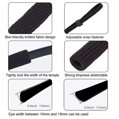 Close-up of black adjustable straps showing knit fabric texture and snap fastener, part of Six Pack Eyewear Straps For Glasses And Sunglasses Adjustable Neck Lanyard Cord Holder Sports And Everyday Eyewear Retainer Straps For Men And Women Colorful Rope Style Keepers.