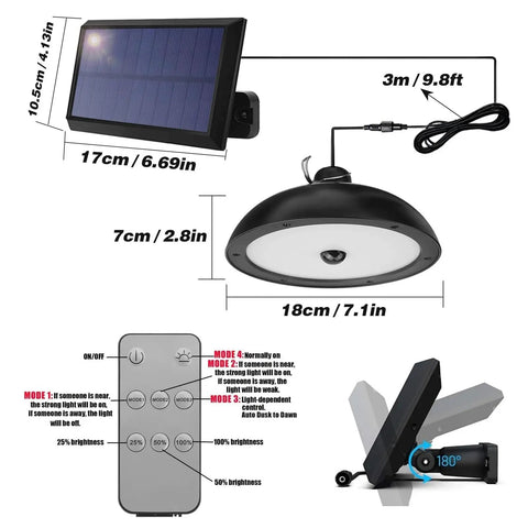 Solar Pendant Lights Dual Head 78 LED 900LM Motion Sensor, IP65 Waterproof, 4 Modes with measurements and remote shown