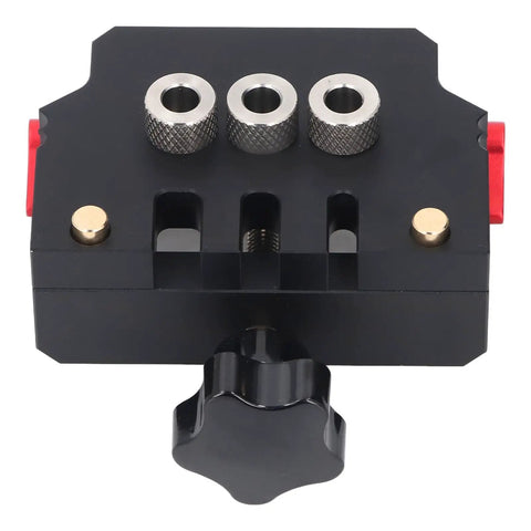 Dead On Precision Self Centering Doweling Jig Kit With Spot On Drill Guide Locator showing precision steel guide pins and adjustment knob.