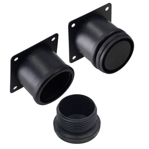 Set Of 4 Adjustable 2 Inch Stainless Steel Furniture Legs For Cabinets Sofas Tables And Shelves Round 2 Inch Diameter Feet Includes Mounting Plate And Screws Heavy Duty Durable Black Finish, close-up of black mounting plates and legs.