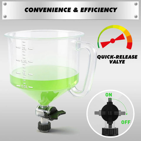 Shop Grade 18 Piece No Mess Coolant Funnel Kit With Universal Adapters showing a transparent funnel with green fluid and quick-release valve.