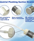 10mm Stainless Steel Inline Hose Filter Strainer With 10mm Barb Connection, spiral installation, and PVC attachment details