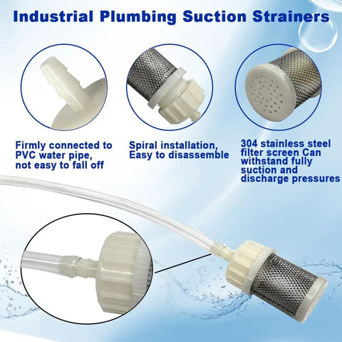 10mm Stainless Steel Inline Hose Filter Strainer With 10mm Barb Connection, spiral installation, and PVC attachment details