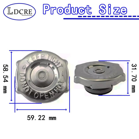 Front and side view of Dodge Radiator Cap Replacement For Journey, Challenger, Charger, Durango, Jeep Grand Cherokee And Chrysler PT Cruiser Plug And Play Cap Fits 52028974AA 52079880AA 55116901AA with dimensions labeled.